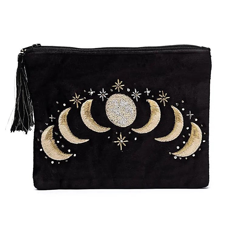 Bolsa de terciopelo negra con cremallera y fases lunares