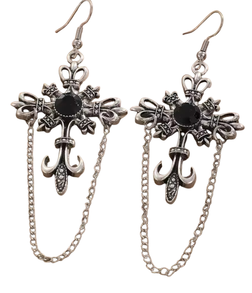 Pendientes de cruz gótica con piedra negra