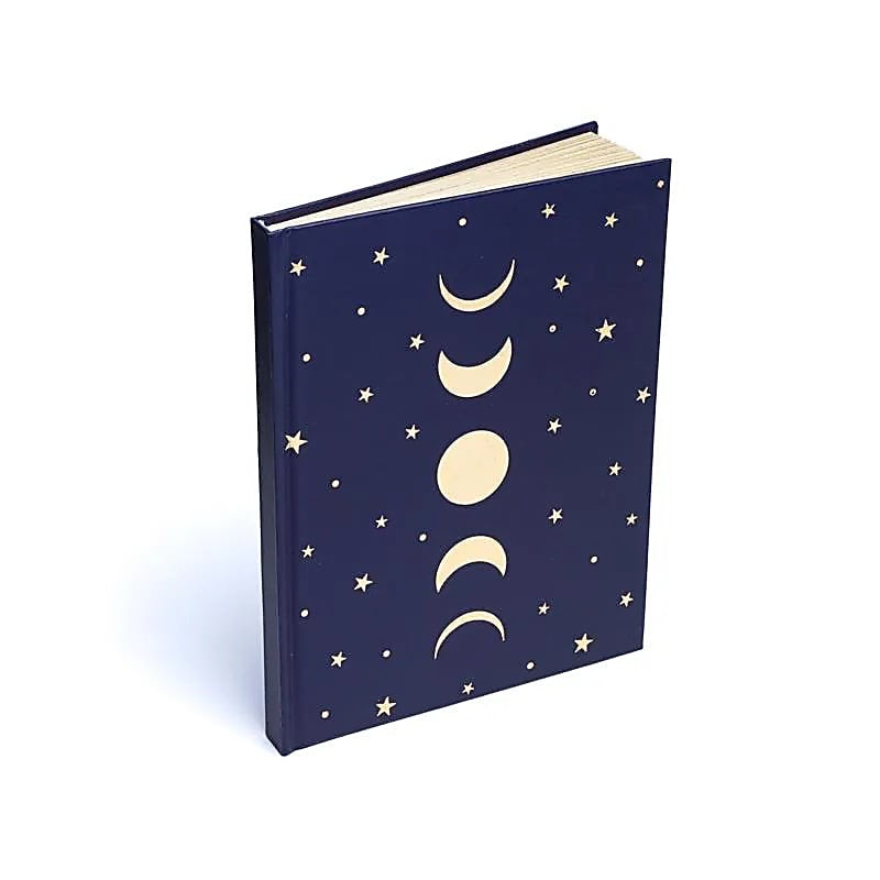 Cuaderno azul oscuro de fases lunares y estrellas
