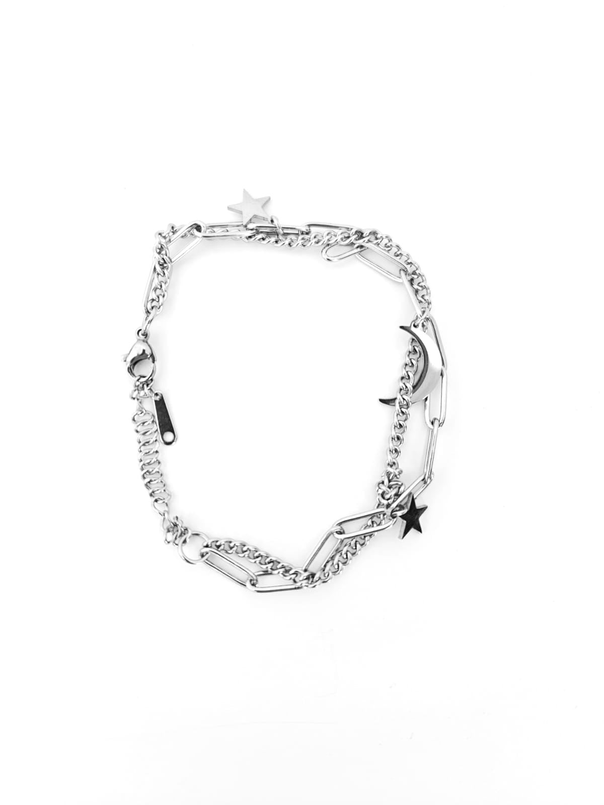 Pulsera ajustable cadena doble con luna y estrella acero inoxidable
