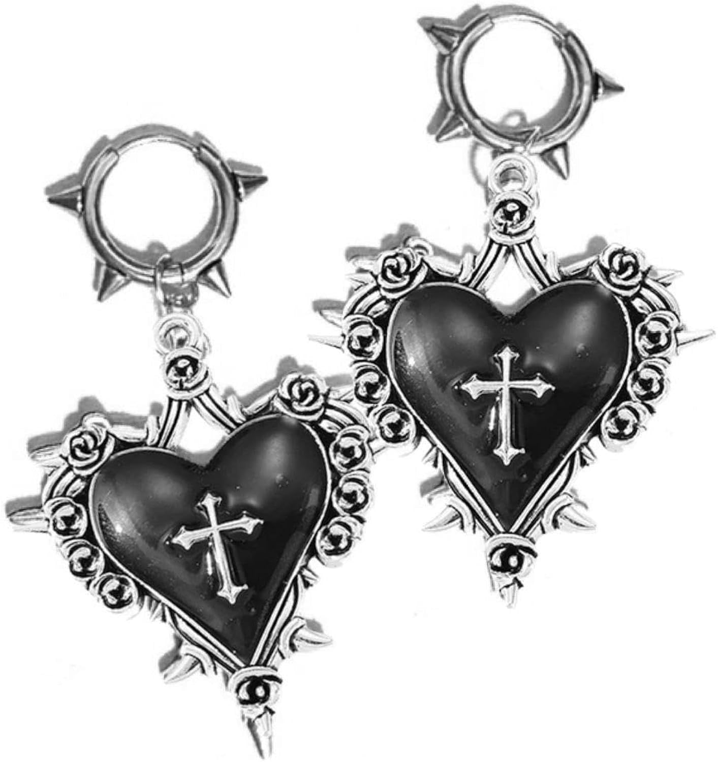 Pendientes corazón gótico cruz negra y plateado, con argolla de pinchos de acero inoxidable
