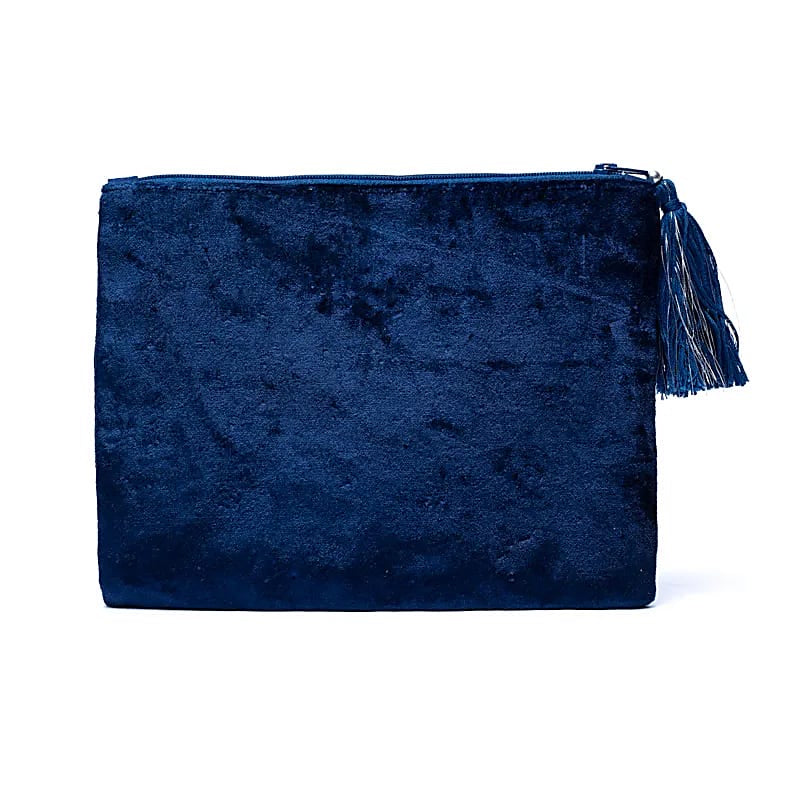 Bolsa de terciopelo azul oscuro con cremallera y luna y estrellas