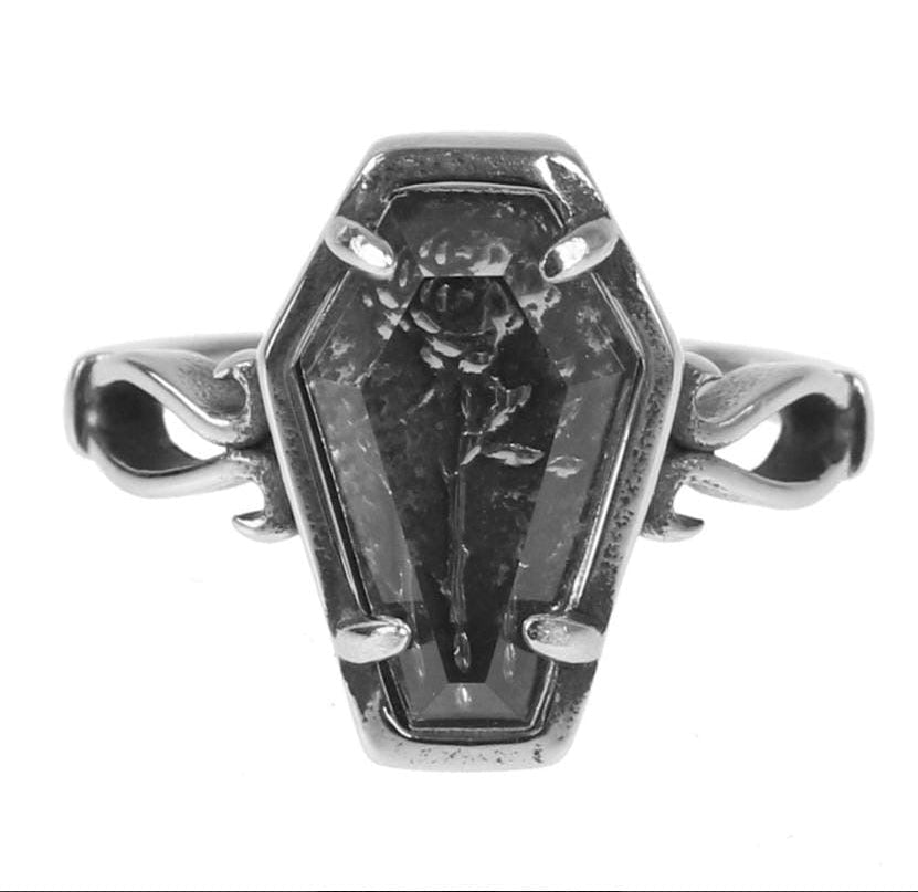 Anillo acero inoxidable forma de ataúd con rosa escondida