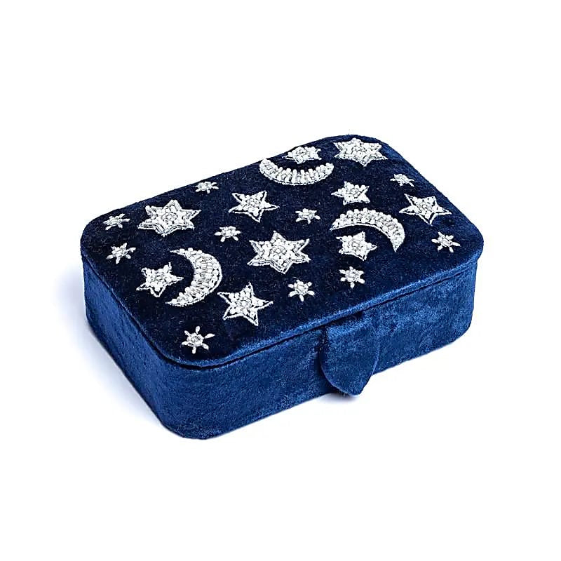 Joyero  tarot terciopelo azul oscuro con luna y estrellas