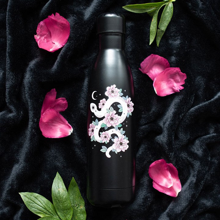 Botella de agua metálica con diseño floral y serpiente