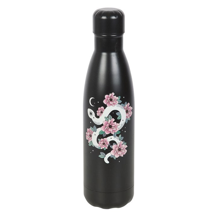 Botella de agua metálica con diseño floral y serpiente