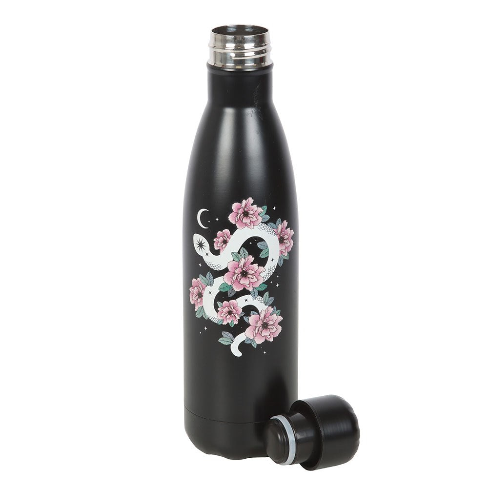 Botella de agua metálica con diseño floral y serpiente