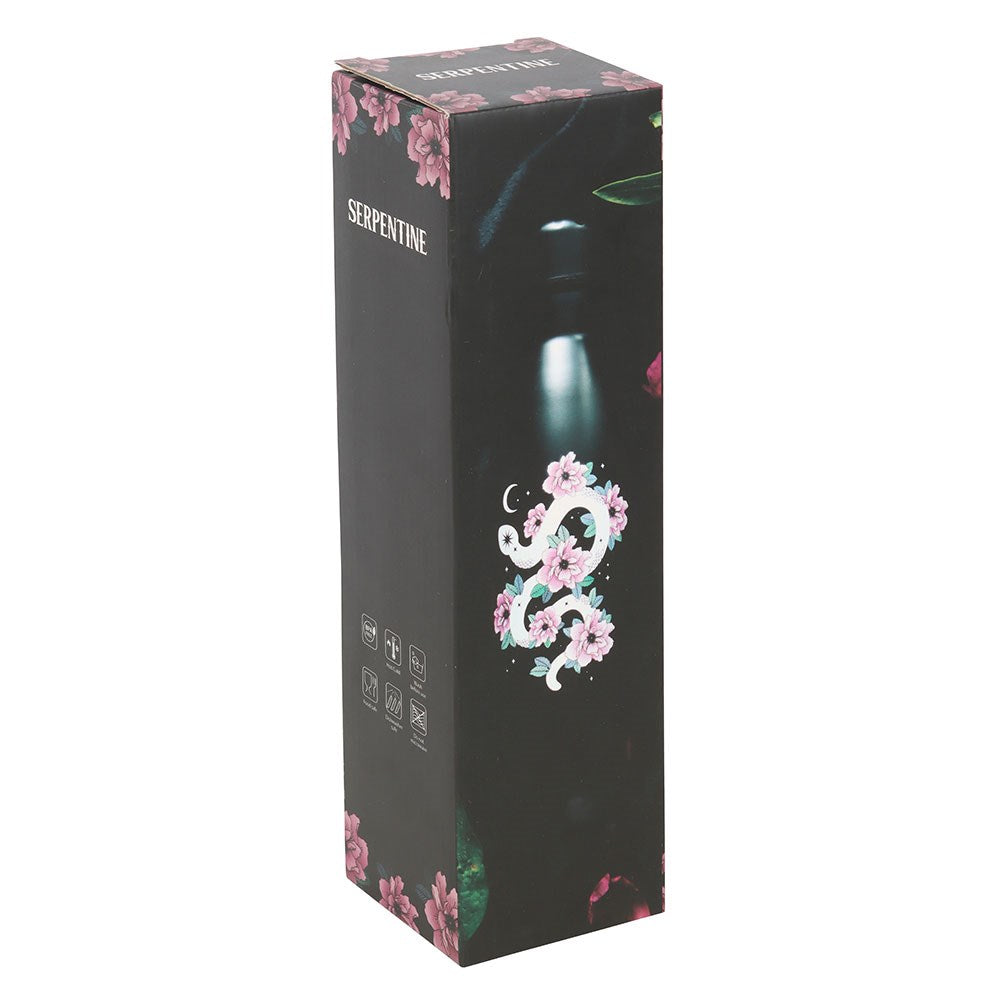 Botella de agua metálica con diseño floral y serpiente