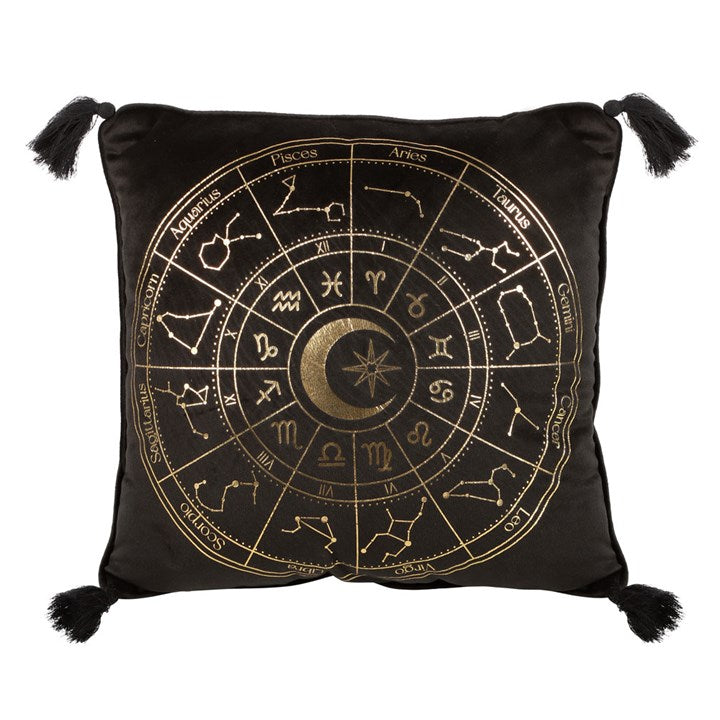 Cojín cuadrado negro con rueda astrológica de 35 cm