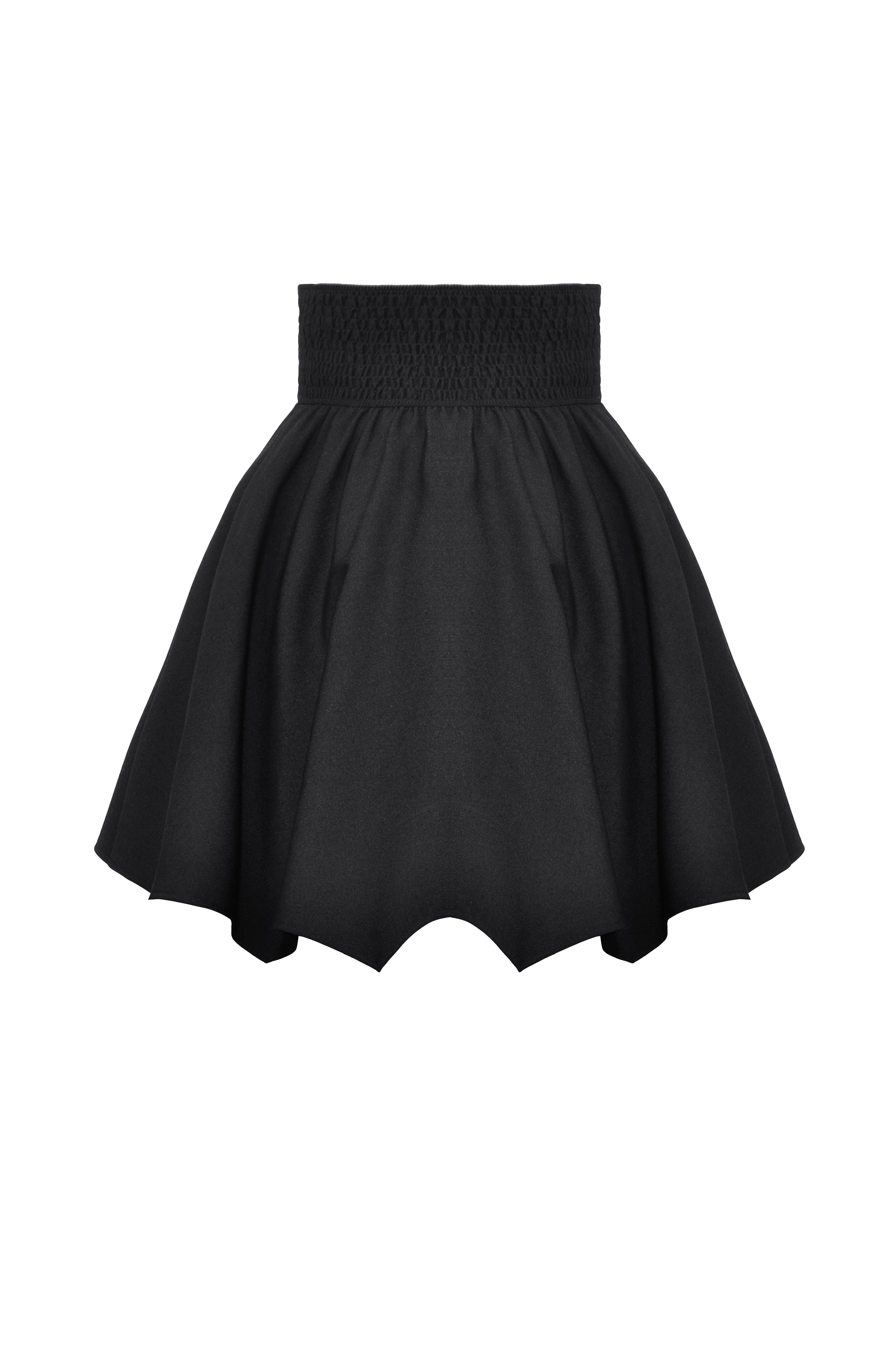 Falda negra minimalista de talle alto y mangas murciélago