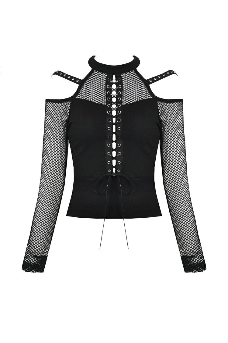 Camiseta punk con cordones en la parte delantera, hombros descubiertos y manga larga de rejilla.