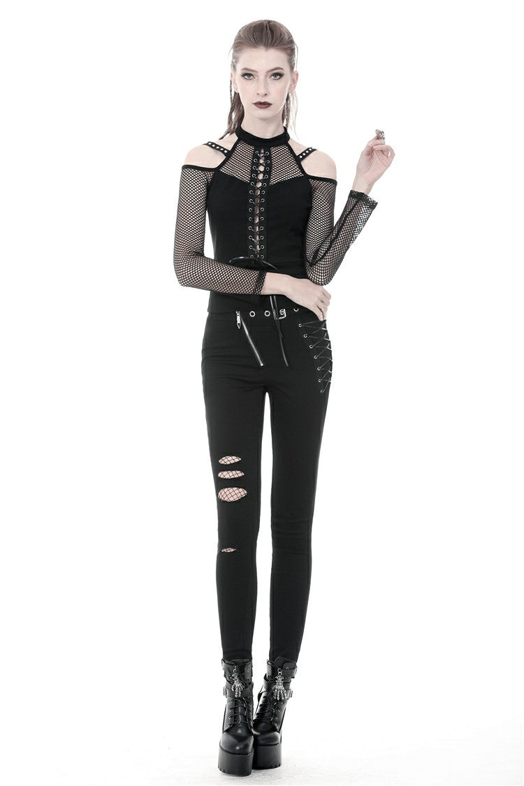 Camiseta punk con cordones en la parte delantera, hombros descubiertos y manga larga de rejilla.