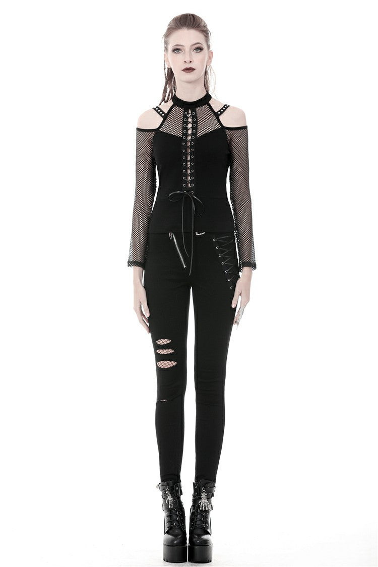 Camiseta punk con cordones en la parte delantera, hombros descubiertos y manga larga de rejilla.
