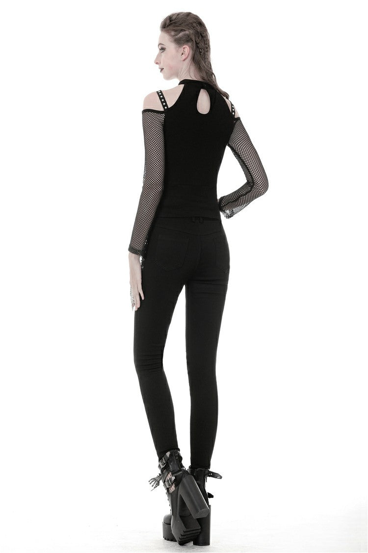 Camiseta punk con cordones en la parte delantera, hombros descubiertos y manga larga de rejilla.