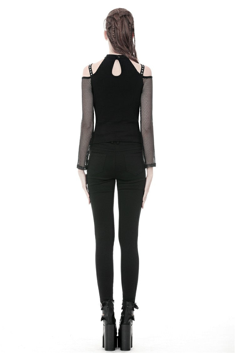 Camiseta punk con cordones en la parte delantera, hombros descubiertos y manga larga de rejilla.