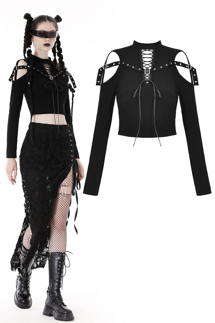 Camiseta punk rock con cordones y hombros descubiertos