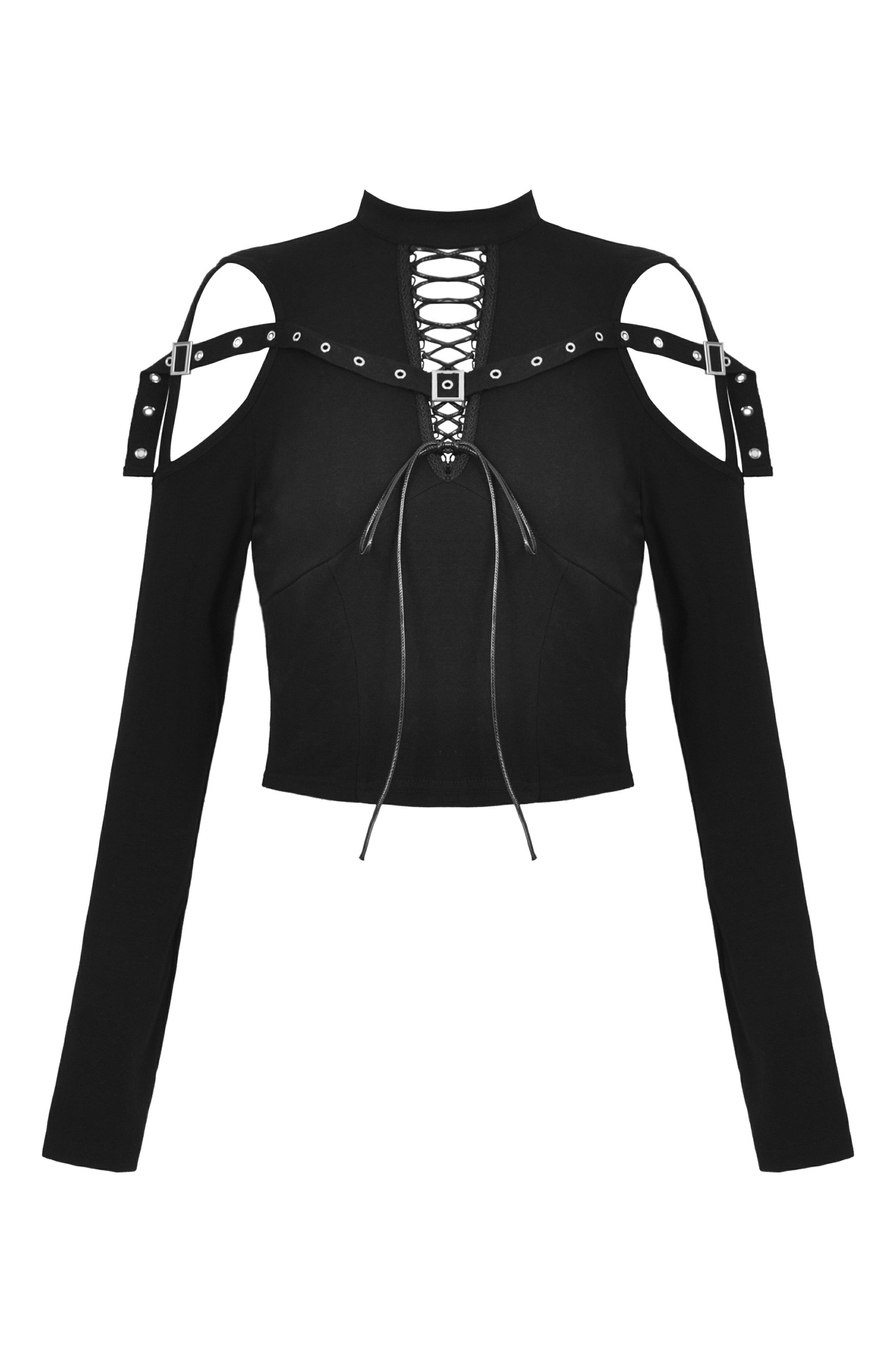 Camiseta punk rock con cordones y hombros descubiertos