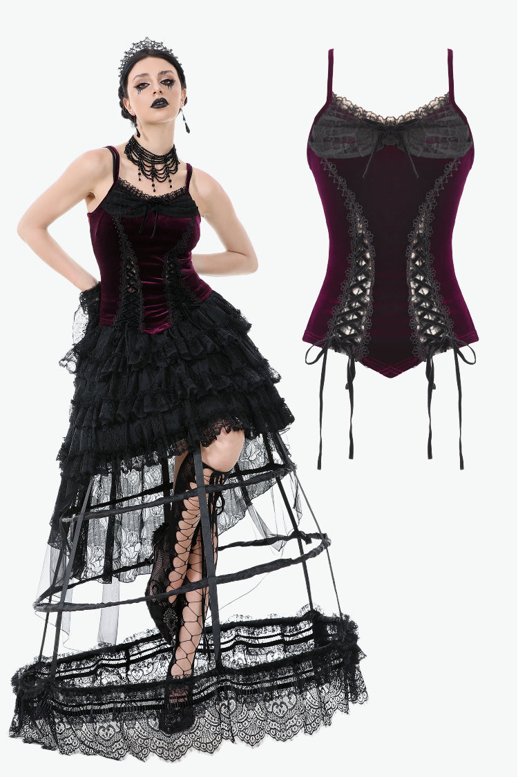 Top gótico de terciopelo burdeos con lazo de cinta y cordones en los laterales