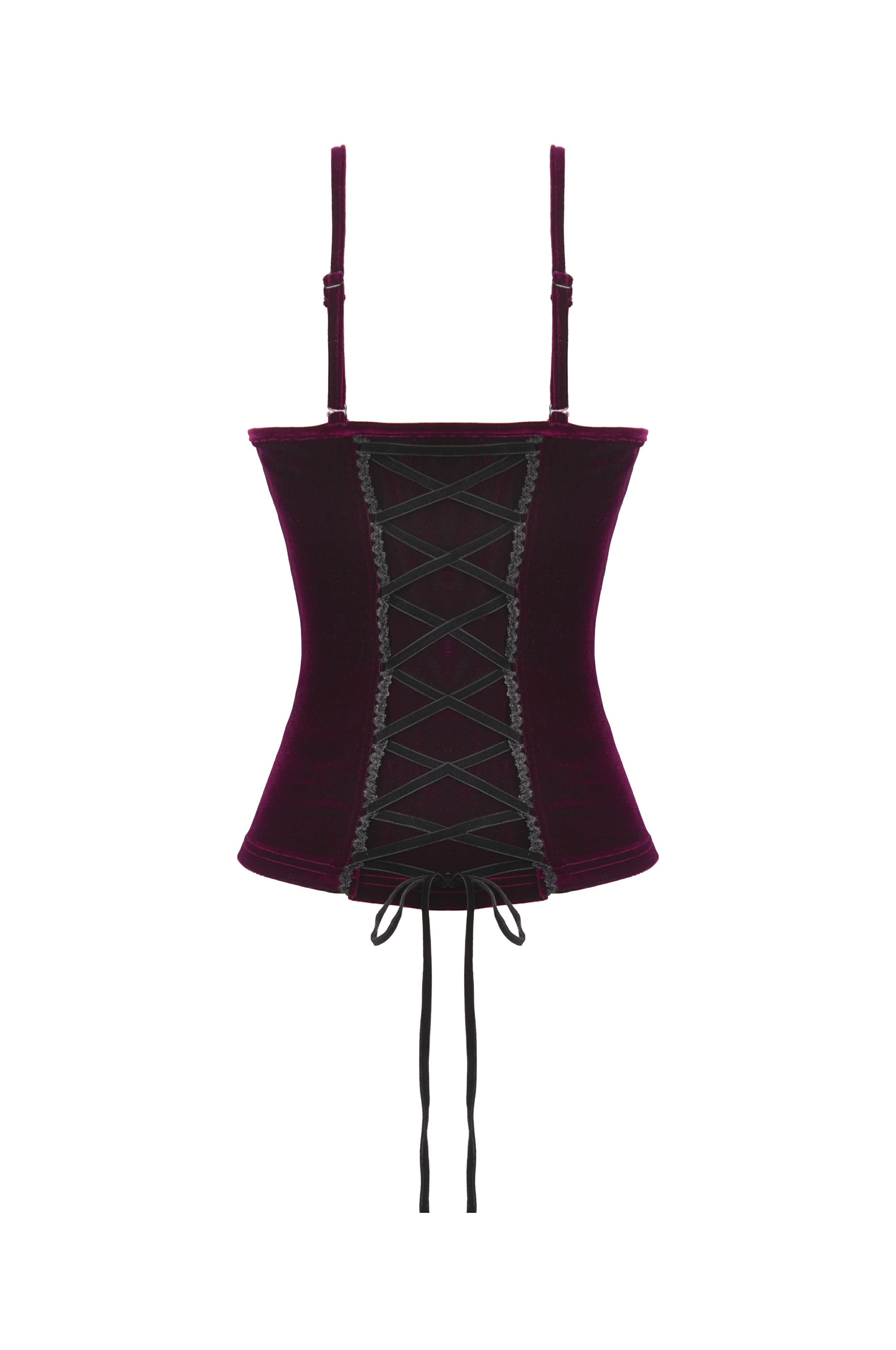 Top gótico de terciopelo burdeos con lazo de cinta y cordones en los laterales